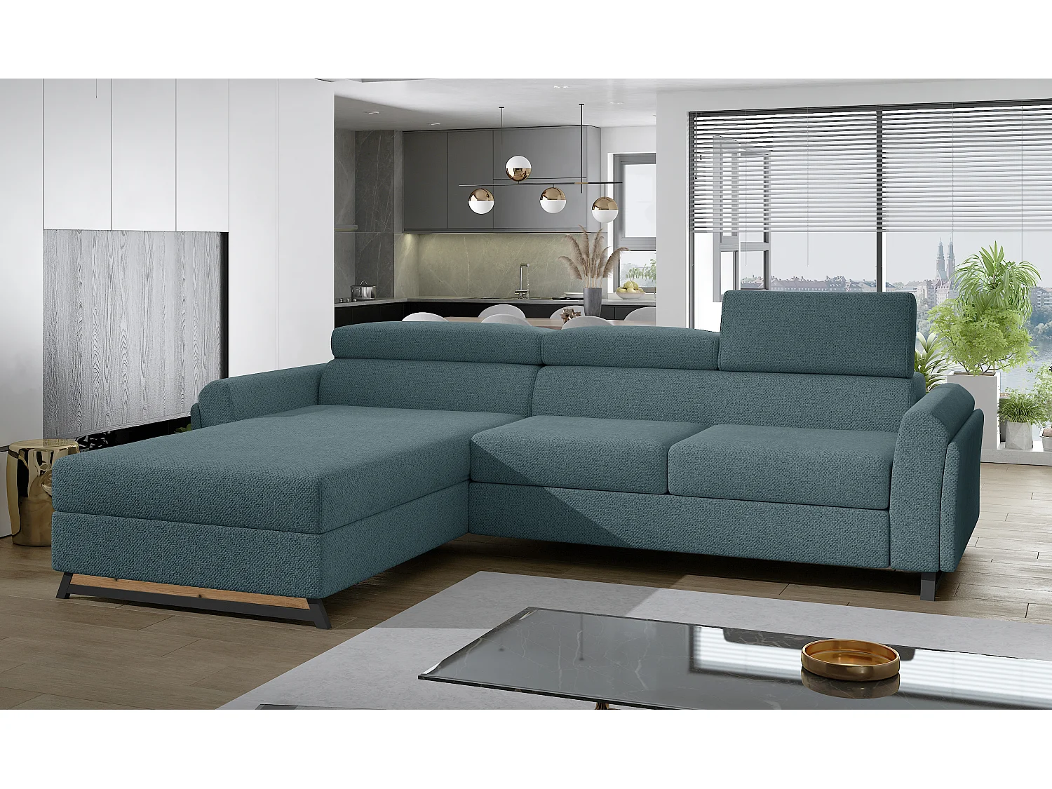 Canapé angle gauche convertible tissu bleu avec appuis-tête réglables Mazerali 300cm