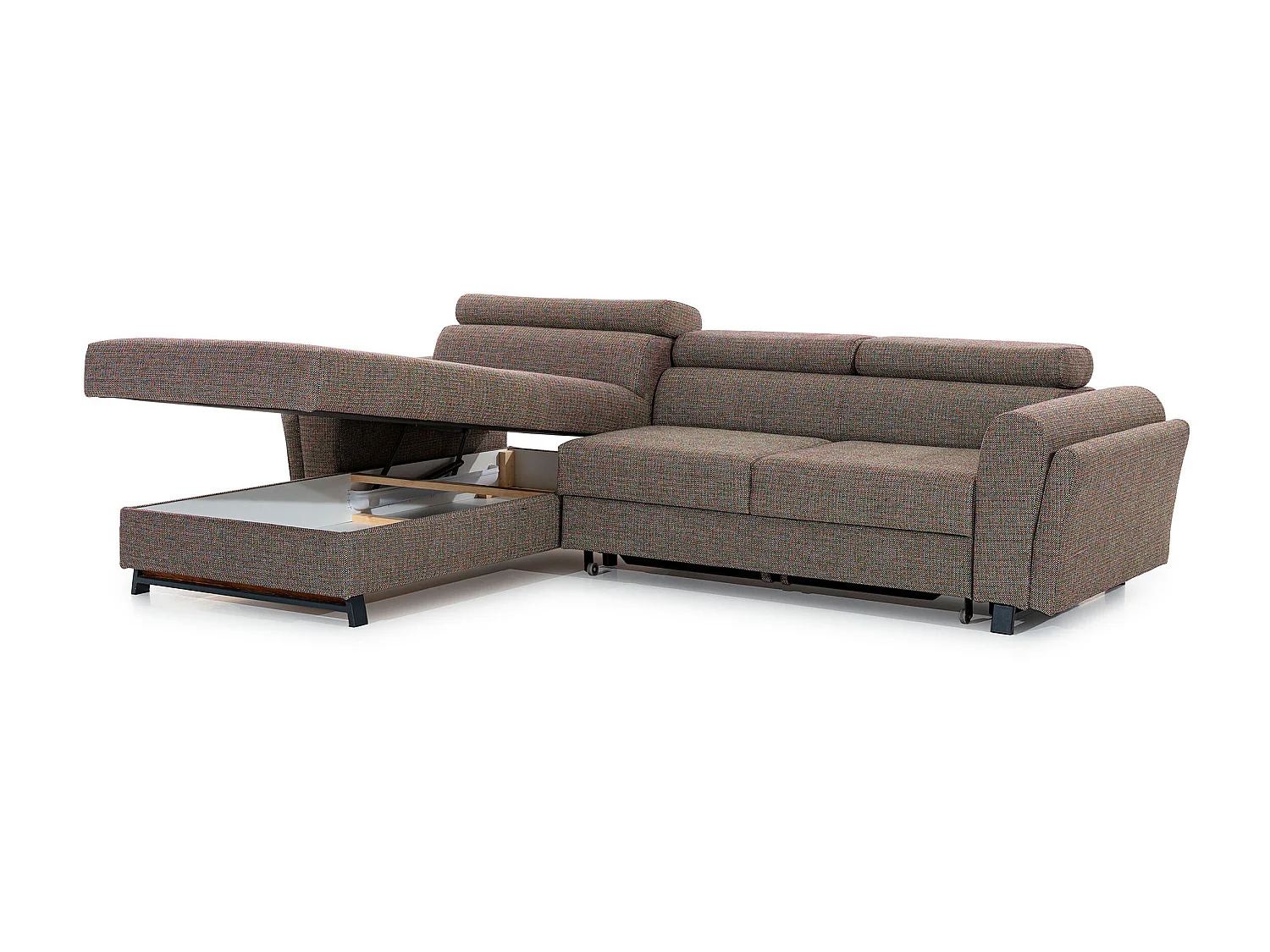 Canapé angle gauche convertible tissu bleu avec appuis-tête réglables Mazerali 300cm