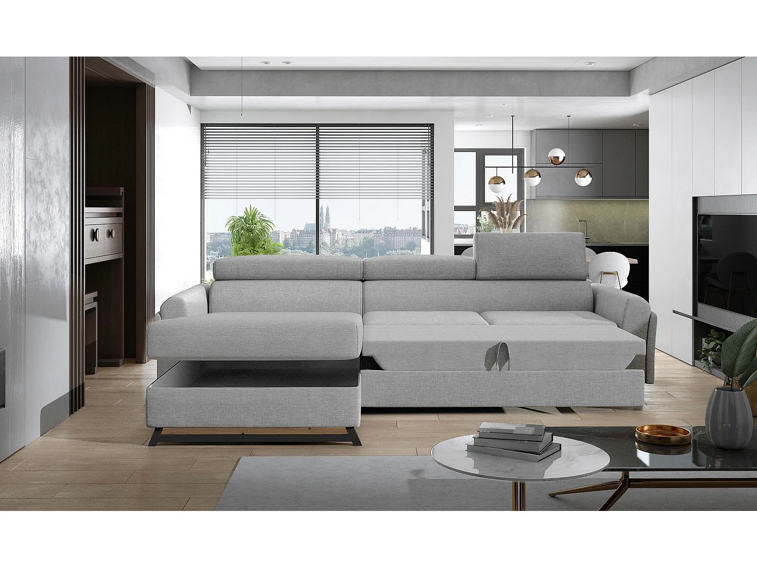 Canapé angle gauche convertible tissu bleu avec appuis-tête réglables Mazerali 300cm