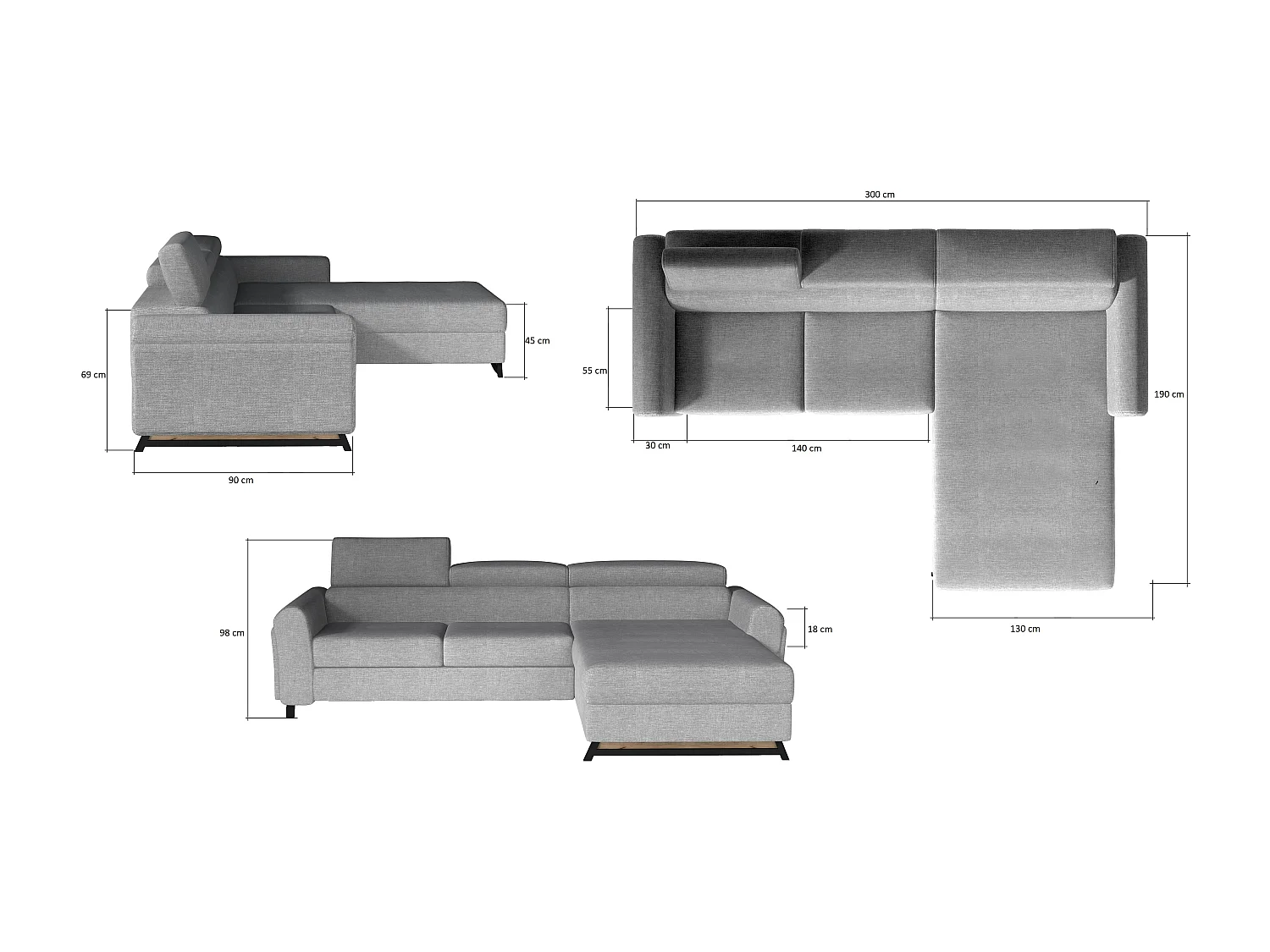 Canapé angle gauche convertible tissu bleu avec appuis-tête réglables Mazerali 300cm