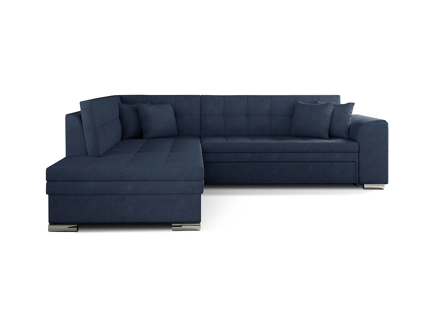 Canapé convertible angle gauche tissu bleu turquin et chromé Pika 260cm