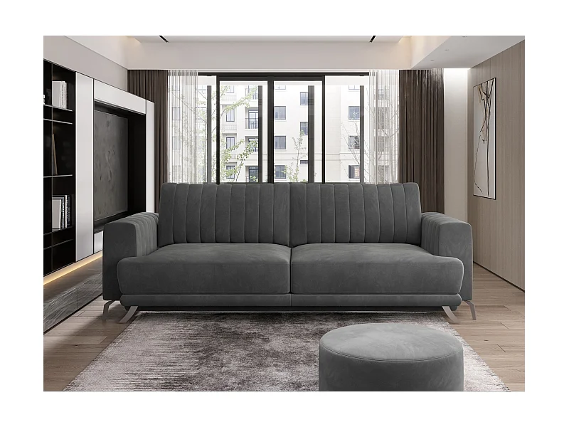 Canapé convertible design 3-4 places velours gris foncé et pieds acier chromé Eliza 250cm