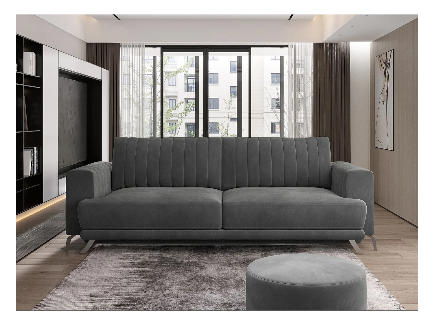 Canapé convertible design 3-4 places velours gris foncé et pieds acier chromé Eliza 250cm