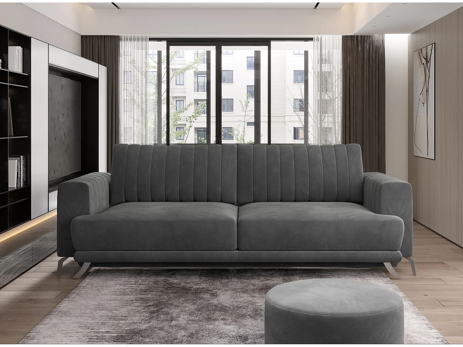 Canapé convertible design 3-4 places velours gris foncé et pieds acier chromé Eliza 250cm