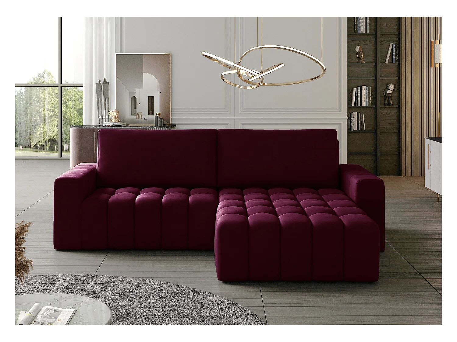 Canapé convertible design velours matelassé bordeaux angle droit Bozen 250cm
