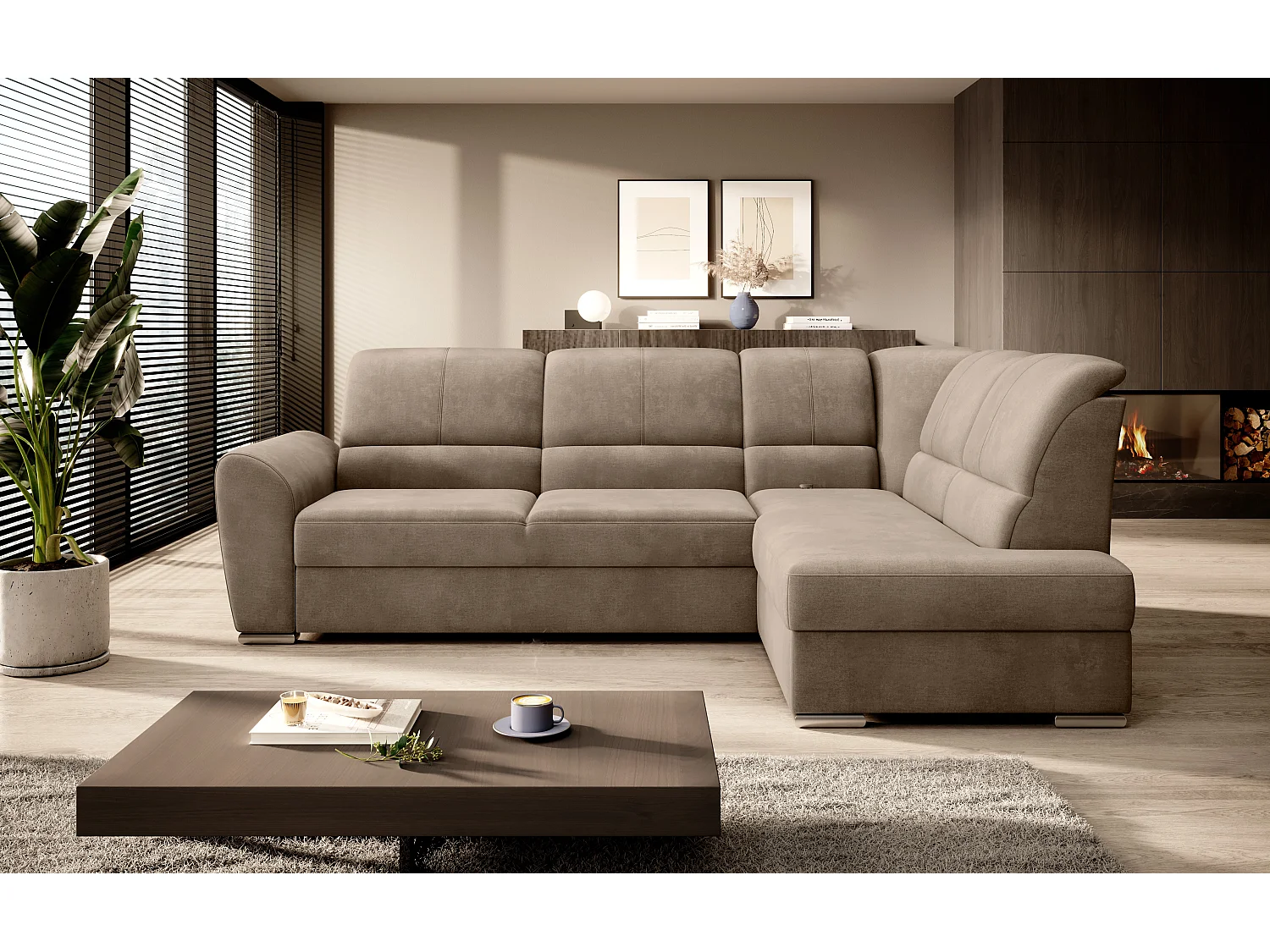 Canapé angle droit convertible tissu doux beige foncé et pieds acier chromé Zabor 270cm