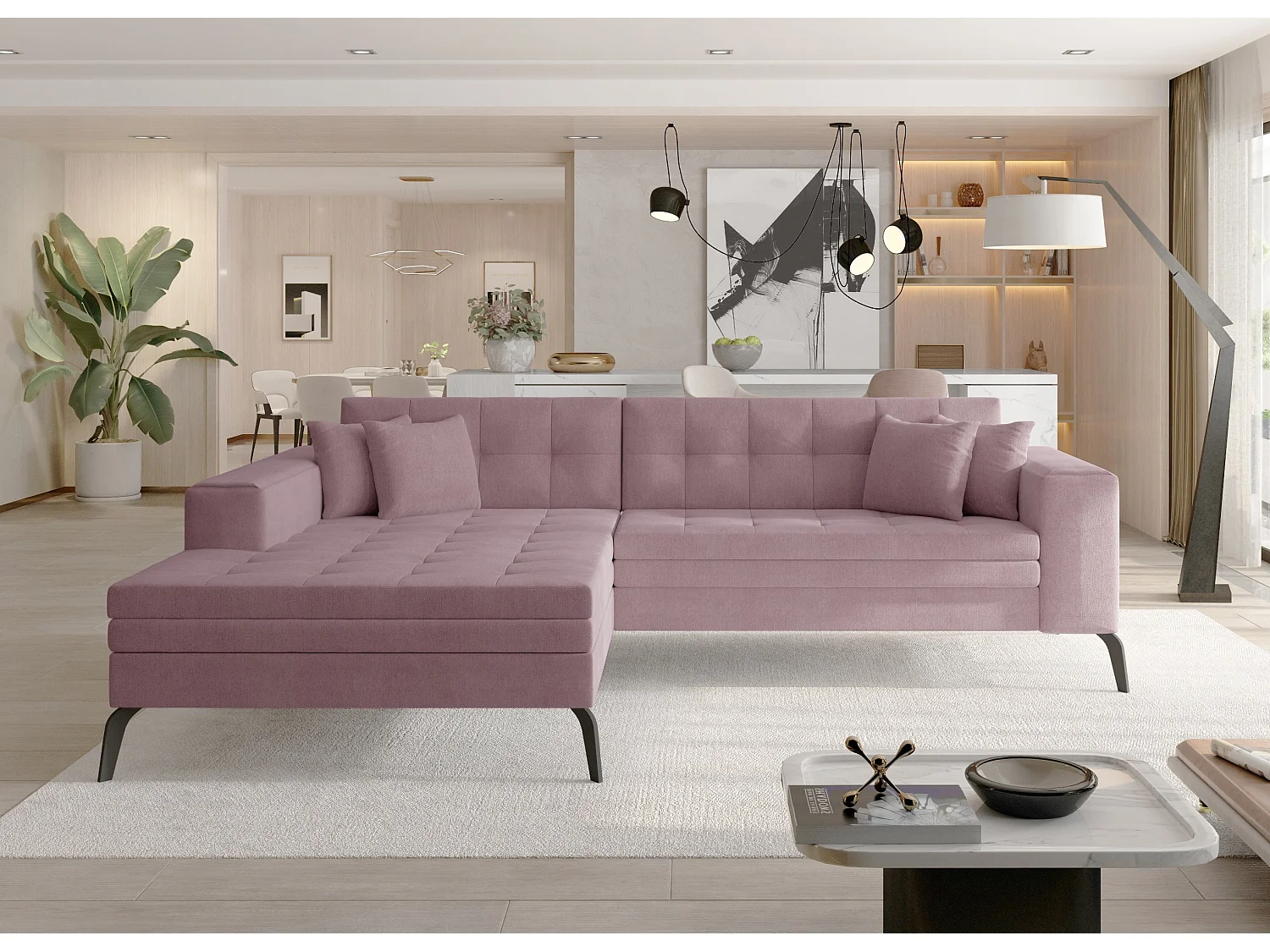 Canapé convertible capitonné angle gauche tissu rose et pieds métal noir Lazor 295cm