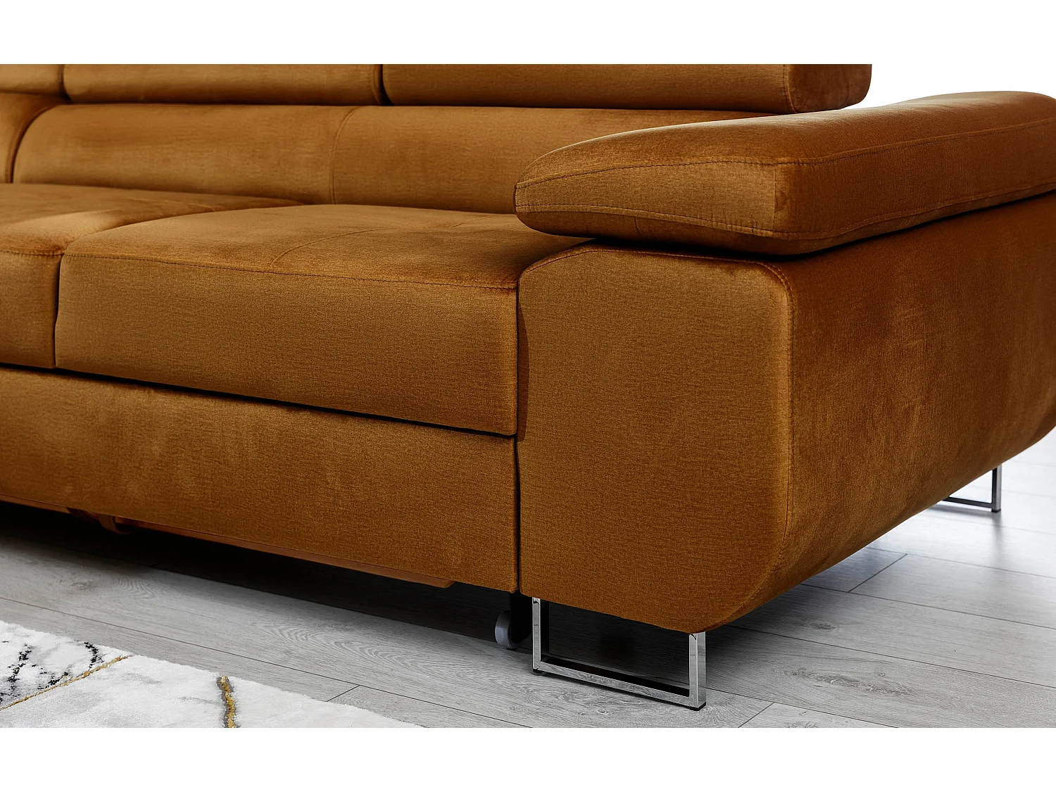 Canapé d'angle convertible velours appuis-tête réglables KALIZO - Coffre et pieds acier chromé-Marron clair-angle gauche