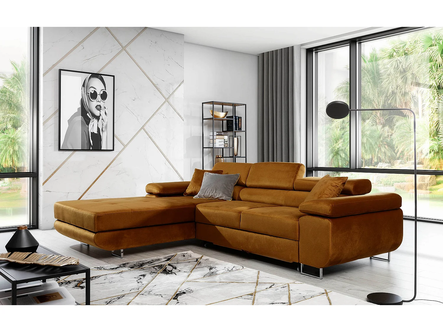 Canapé d'angle convertible velours appuis-tête réglables KALIZO - Coffre et pieds acier chromé-Marron clair-angle gauche