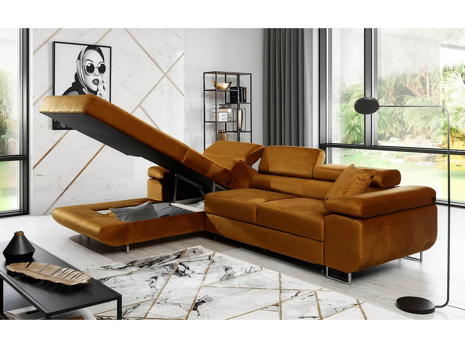 Canapé d'angle convertible velours appuis-tête réglables KALIZO - Coffre et pieds acier chromé-Marron clair-angle gauche