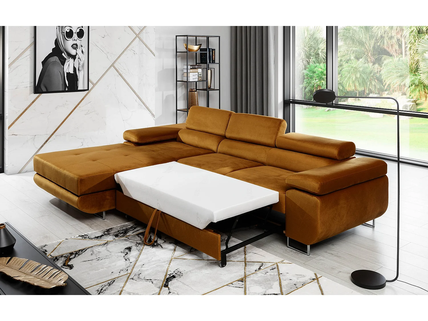 Canapé d'angle convertible velours appuis-tête réglables KALIZO - Coffre et pieds acier chromé-Marron clair-angle gauche