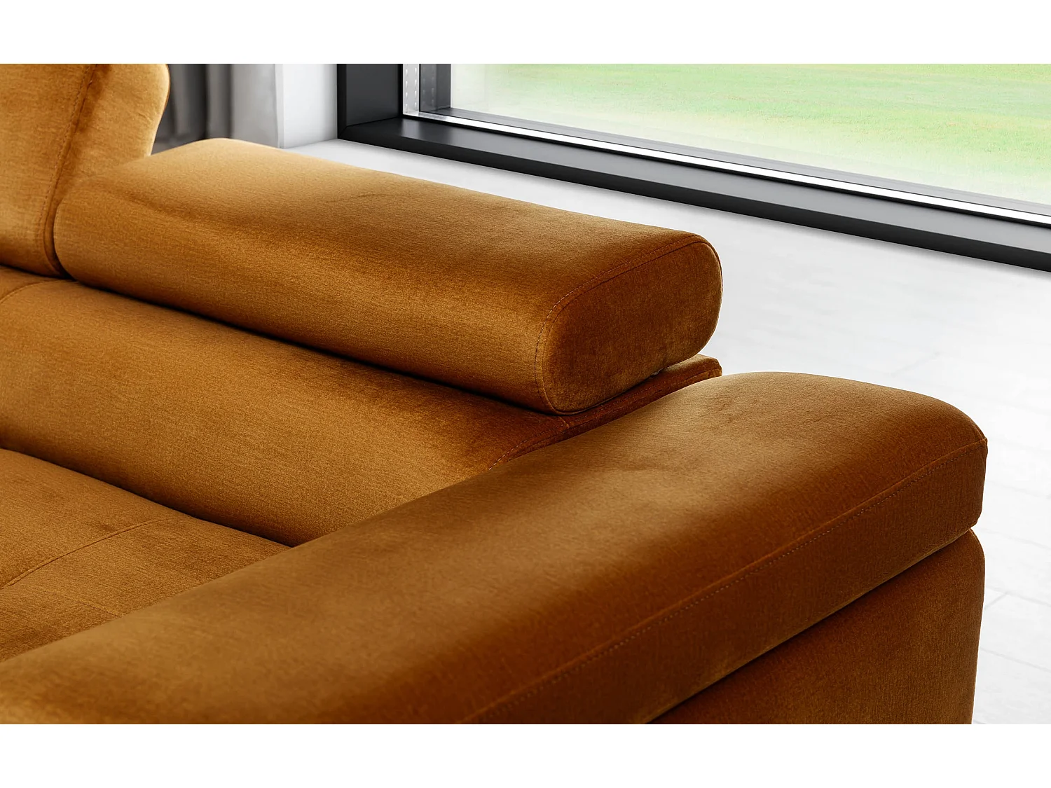 Canapé d'angle convertible velours appuis-tête réglables KALIZO - Coffre et pieds acier chromé-Marron clair-angle gauche