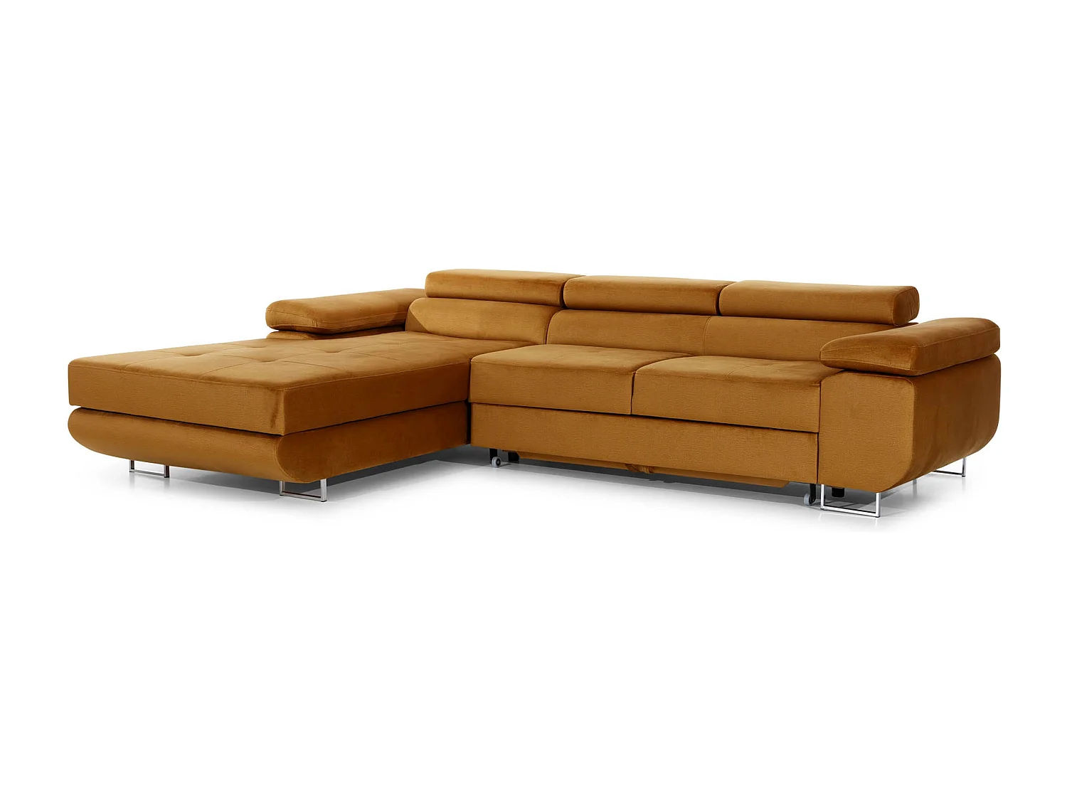 Canapé d'angle convertible velours appuis-tête réglables KALIZO - Coffre et pieds acier chromé-Marron clair-angle gauche