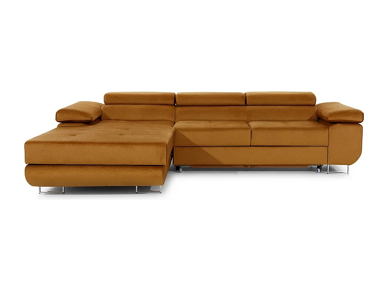 Canapé d'angle convertible velours appuis-tête réglables KALIZO - Coffre et pieds acier chromé-Marron clair-angle gauche