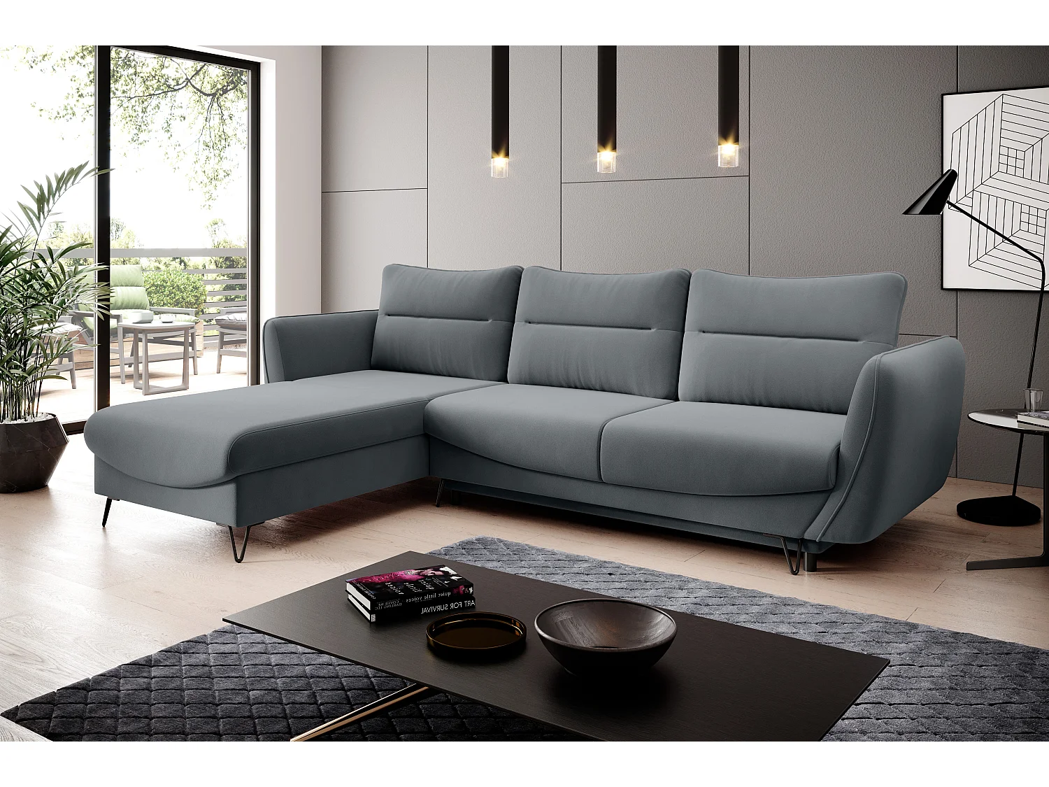 Canapé d'angle gauche convertible velours gris Zurik 276cm