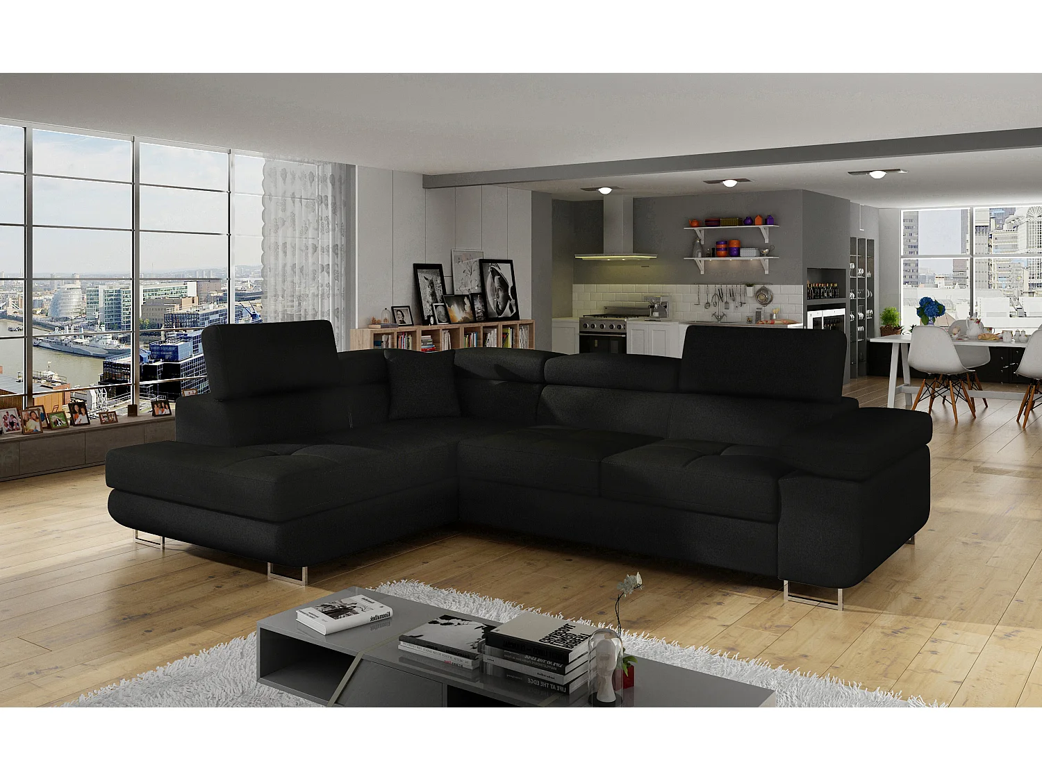 Canapé d'angle convertible tissu MARKA - Coffre et appuis-tête réglables-Noir-angle gauche