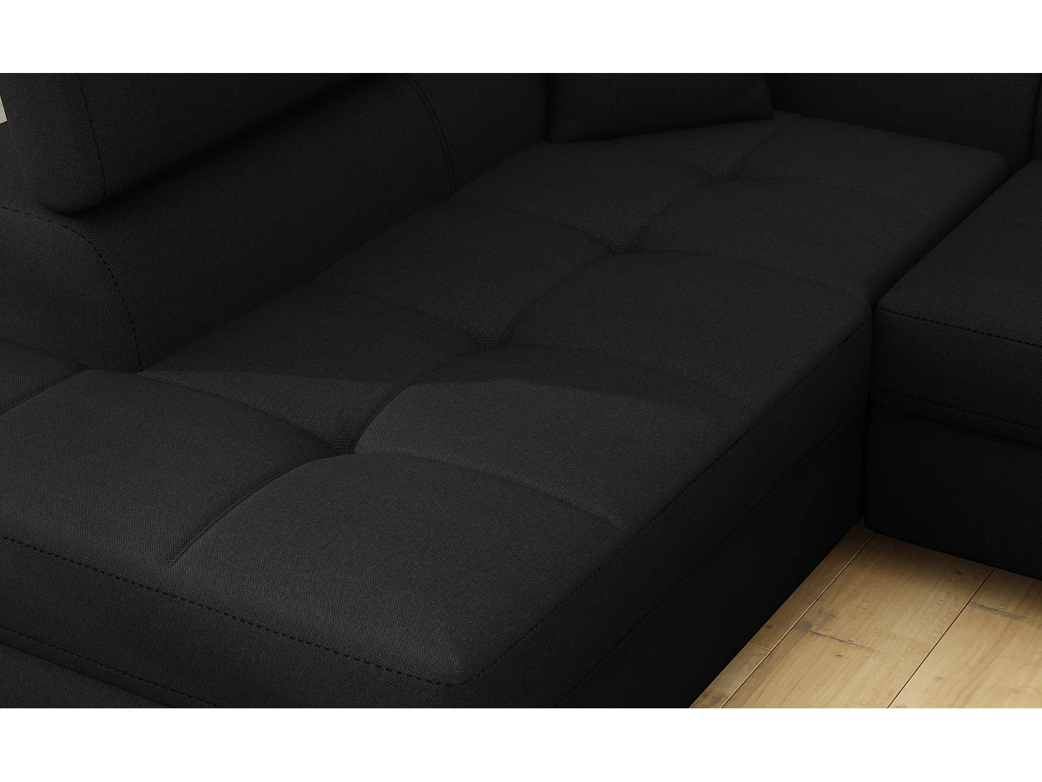 Canapé d'angle convertible tissu MARKA - Coffre et appuis-tête réglables-Noir-angle gauche