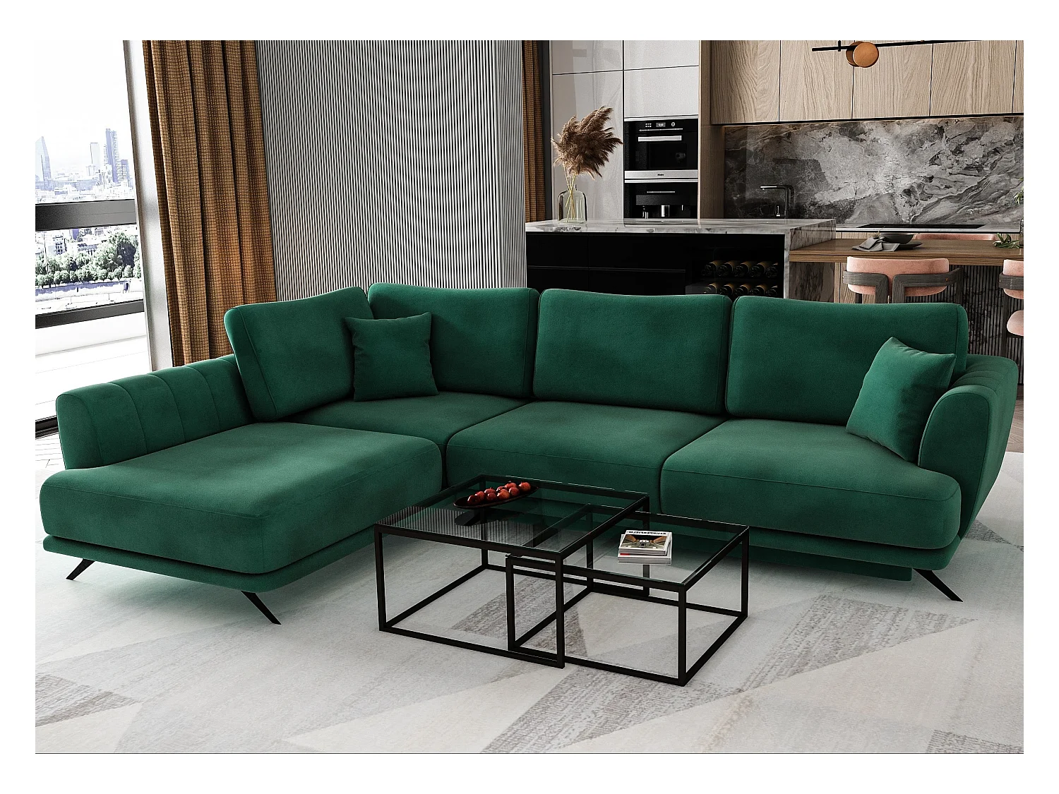 Canapé convertible angle gauche tissu vert foncé Savary 280cm