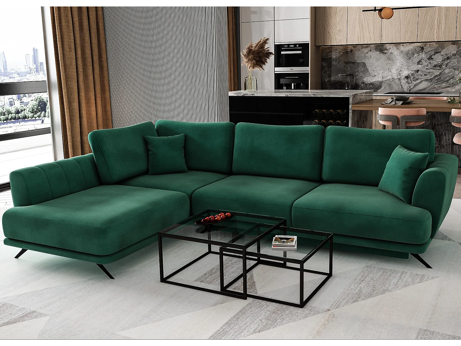 Canapé convertible angle gauche tissu vert foncé Savary 280cm