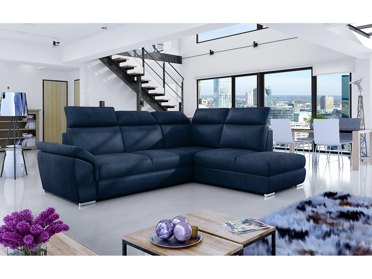 Canapé angle droit convertible velours bleu foncé avec appuis-tête réglables Kepita 260cm