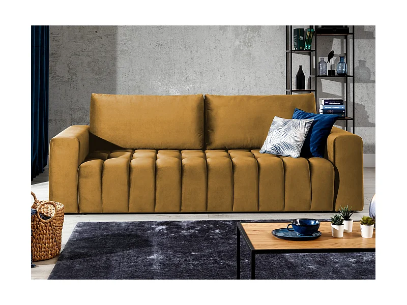 Canapé convertible 3 places velours jaune avec coffre de rangement Larko 245cm