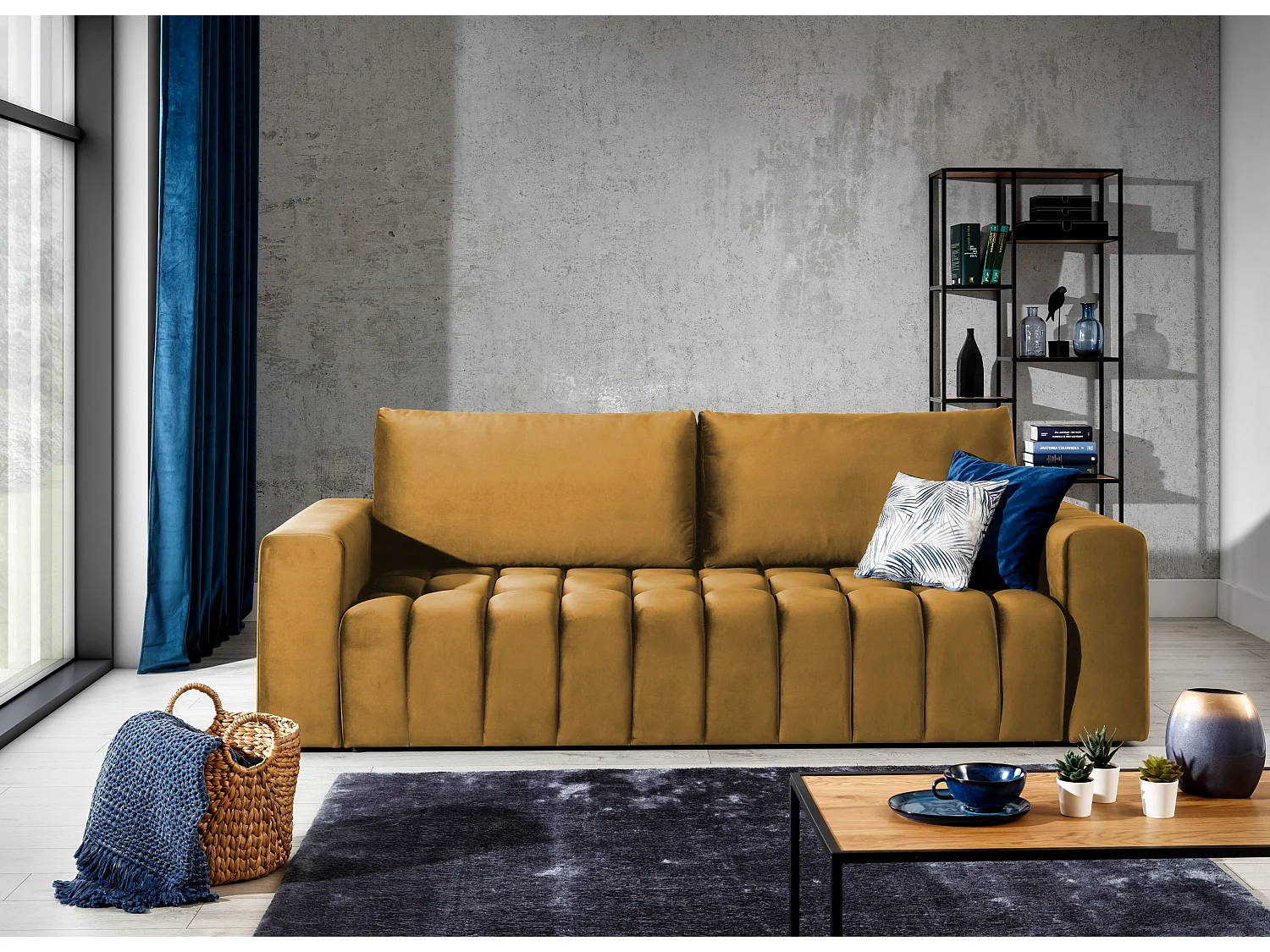 Canapé convertible 3 places velours jaune avec coffre de rangement Larko 245cm