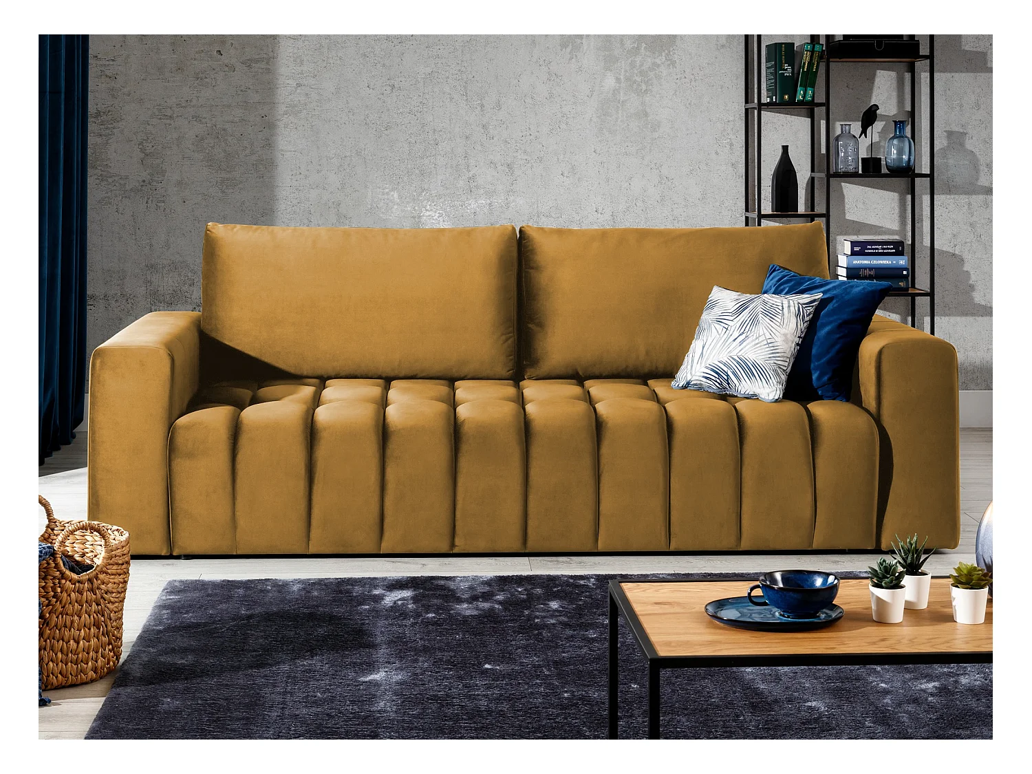 Canapé convertible 3 places velours jaune avec coffre de rangement Larko 245cm