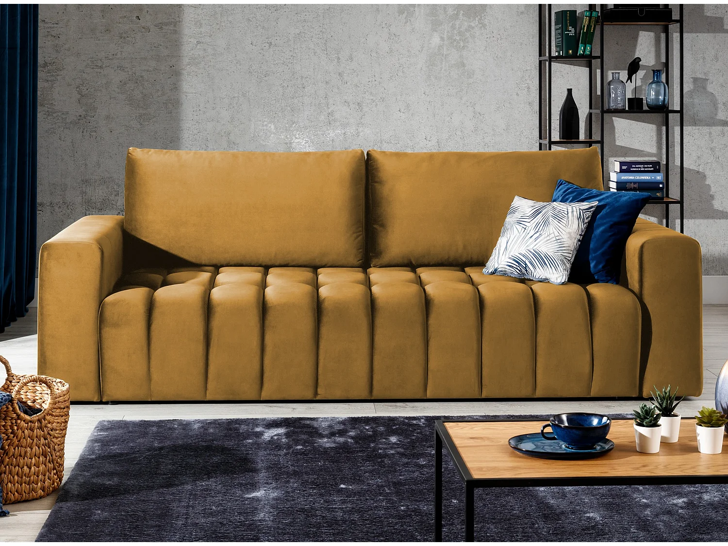 Canapé convertible 3 places velours jaune avec coffre de rangement Larko 245cm