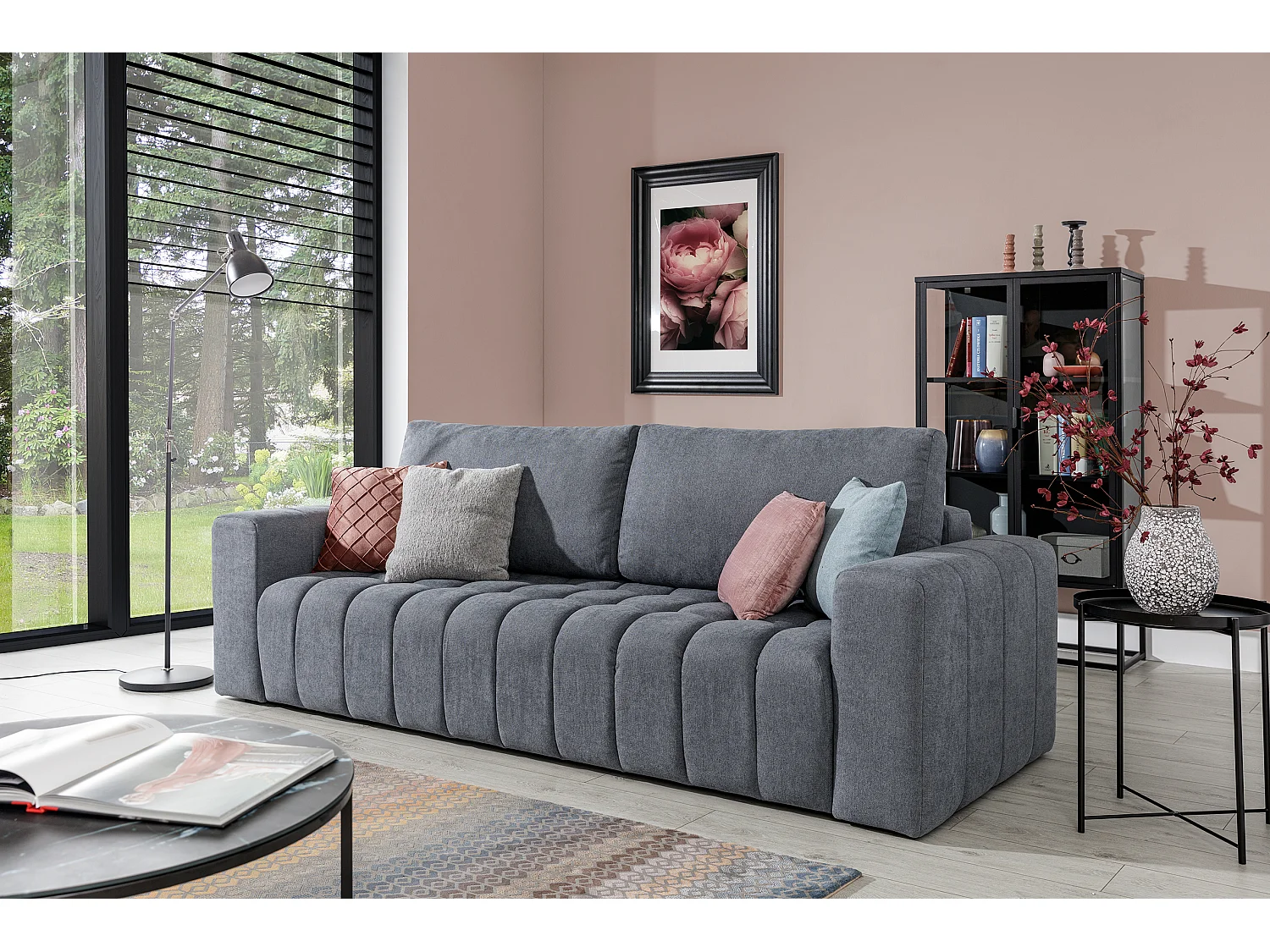 Canapé convertible 3 places velours jaune avec coffre de rangement Larko 245cm