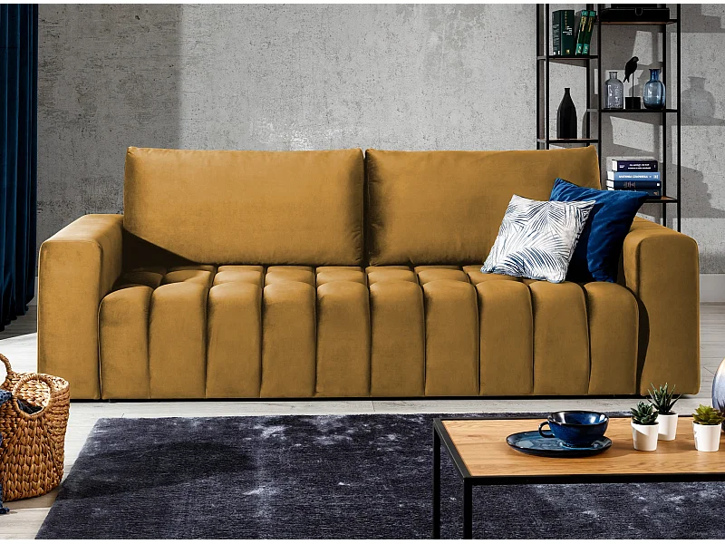Geel fluwelen 3-zits slaapbank met opbergdoos Larko 245 cm