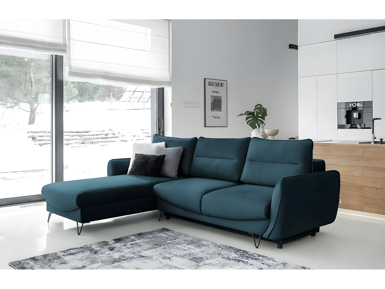 Canapé d'angle gauche convertible tissu doux bleu nuit Zurik 276cm