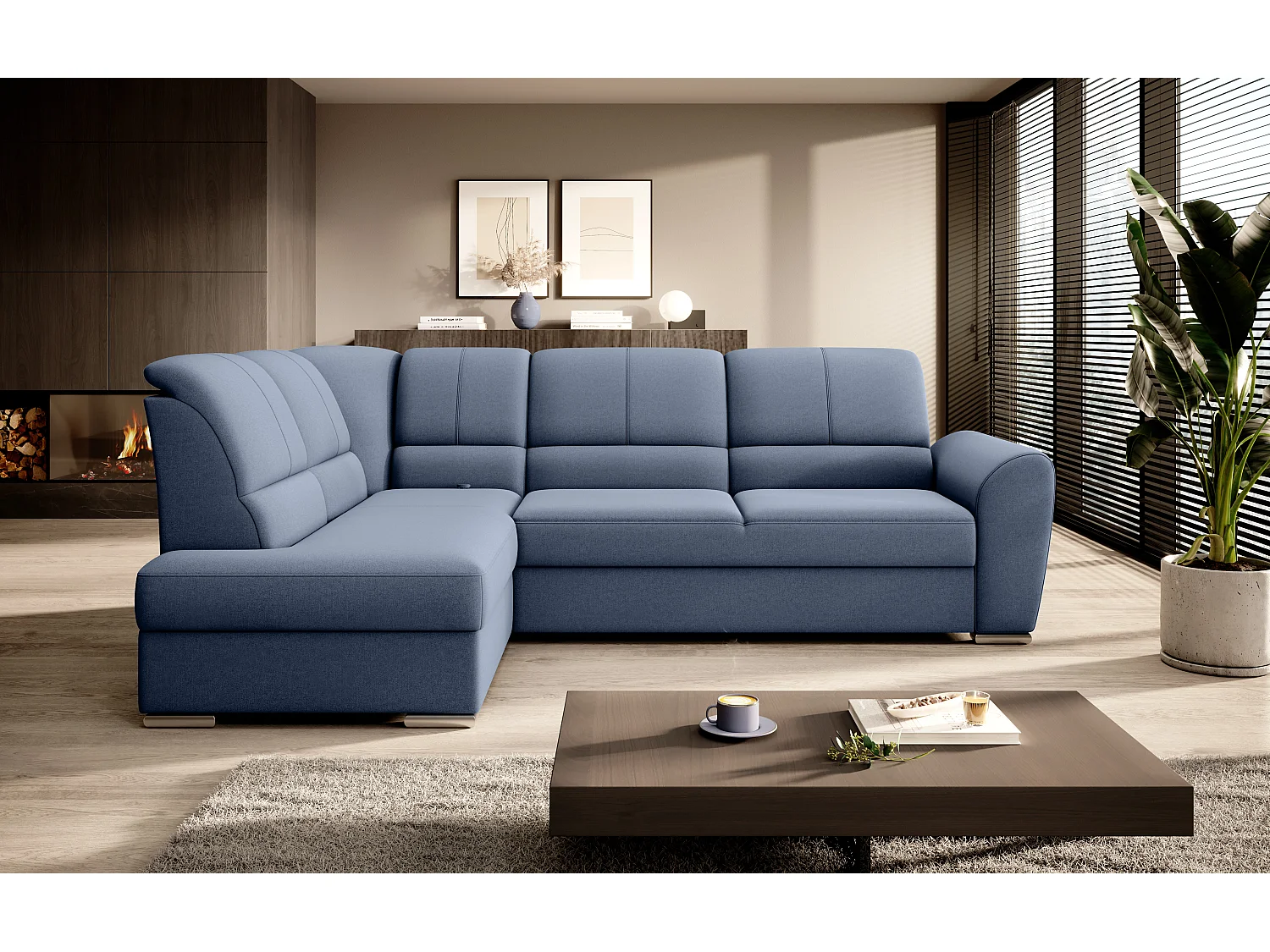 Converteerbare hoekbank links in blauwe stof en chroomstalen poten Zabor 270 cm