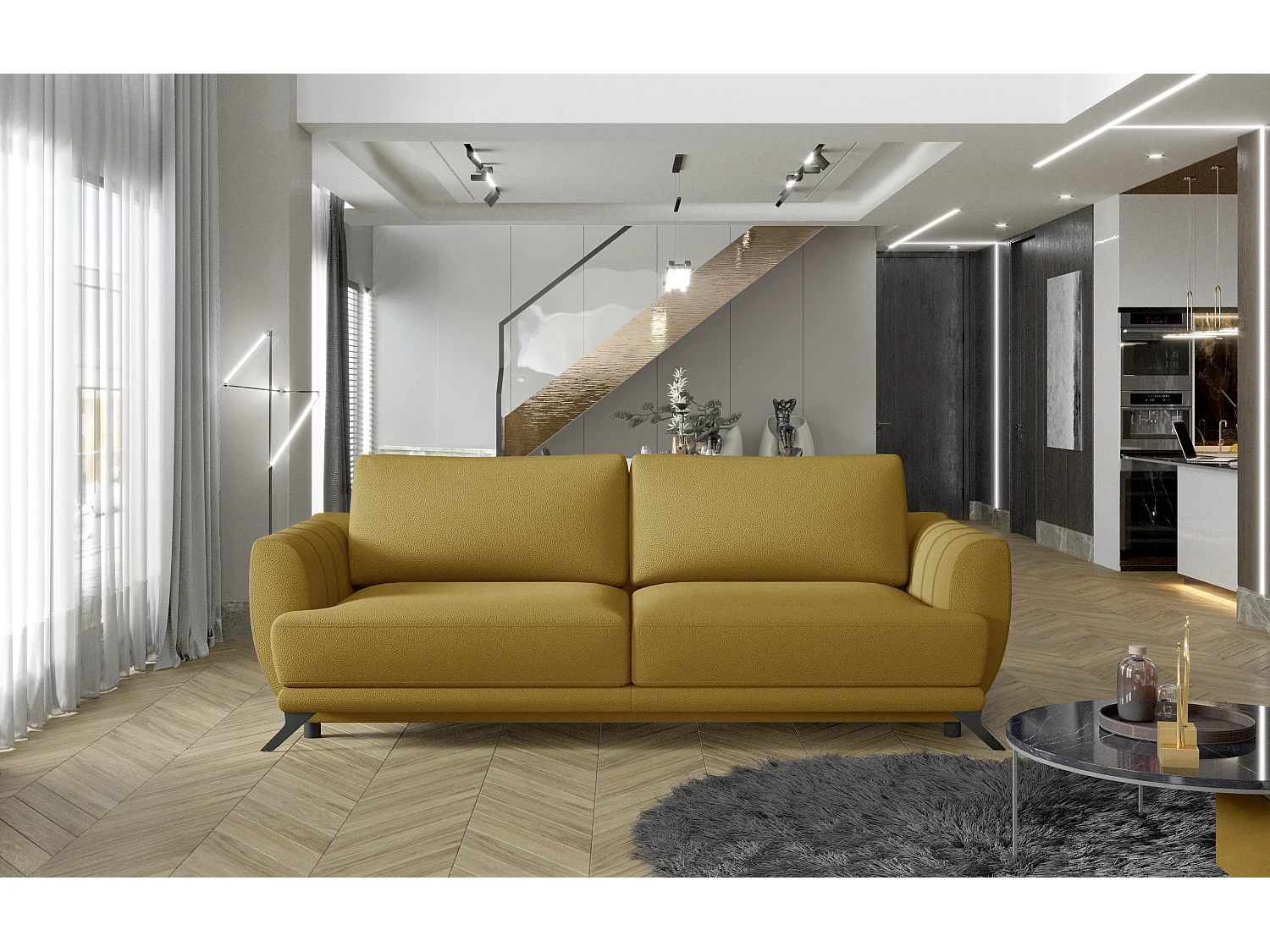 Canapé convertible 3-4 places velours jaune ocre et pieds métal noir Zora 250cm