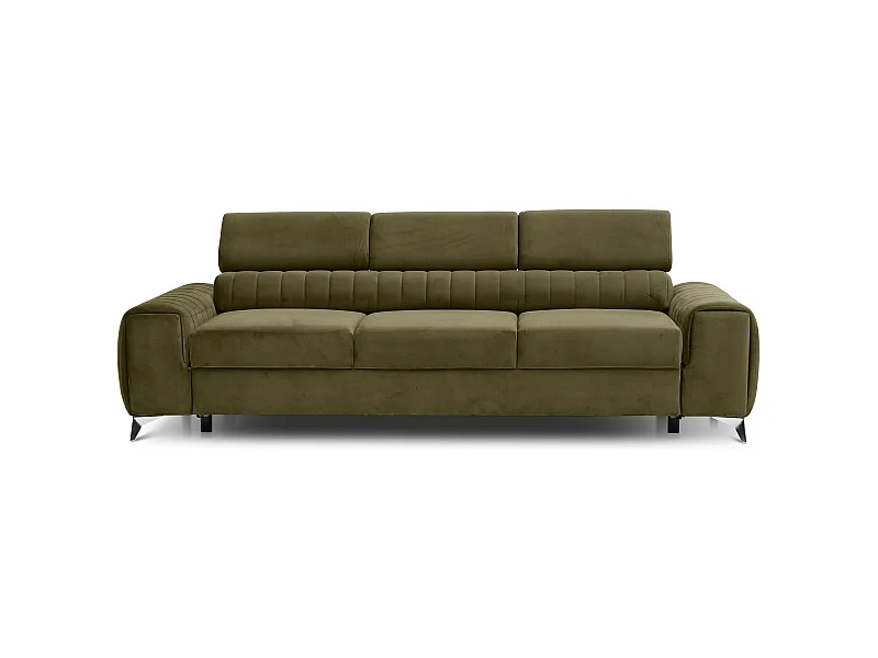 Canapé convertible velours LOZA - Appuis-tête réglables et pieds acier chromé-Vert olive