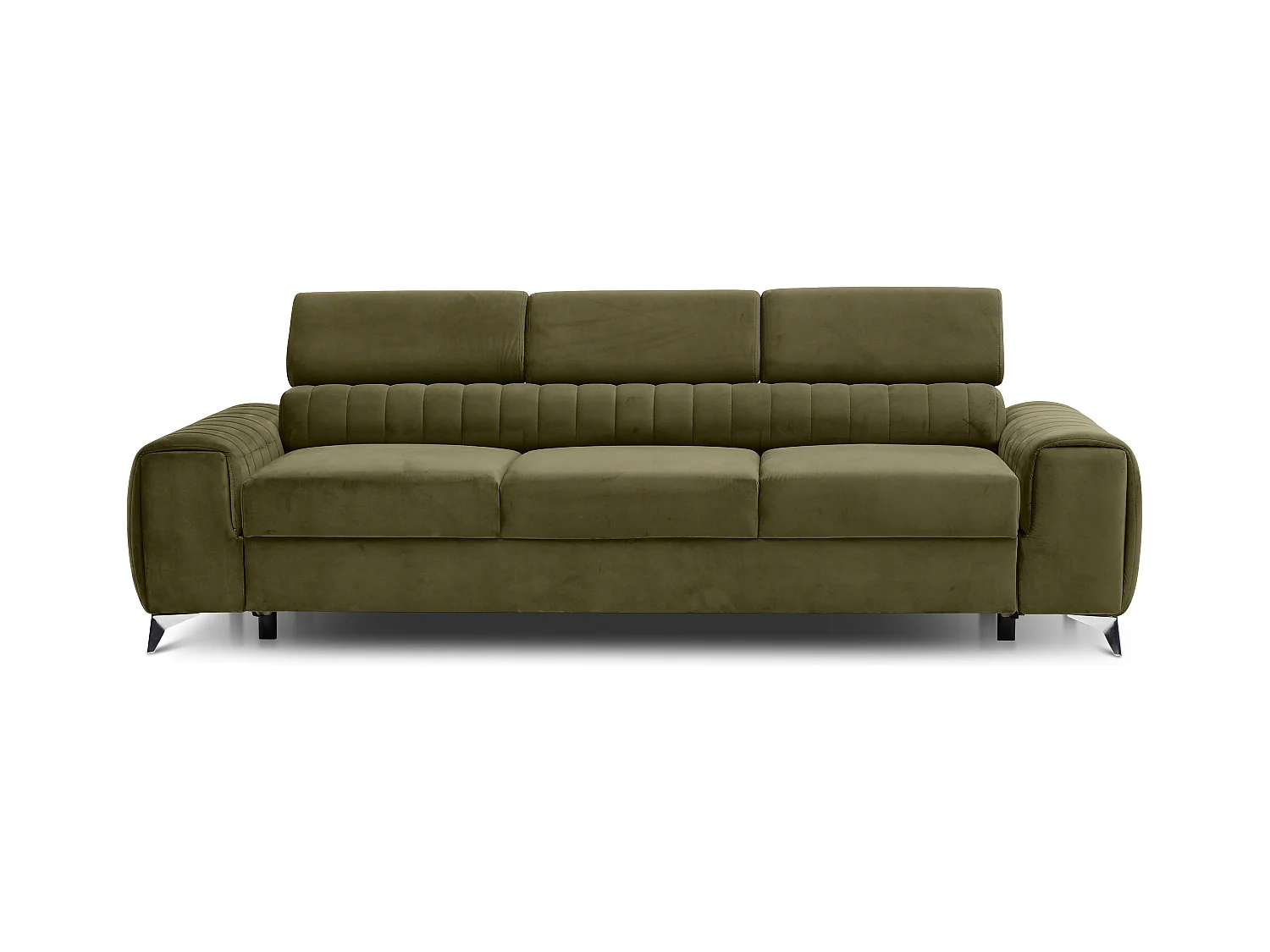 Canapé convertible velours LOZA - Appuis-tête réglables et pieds acier chromé-Vert olive