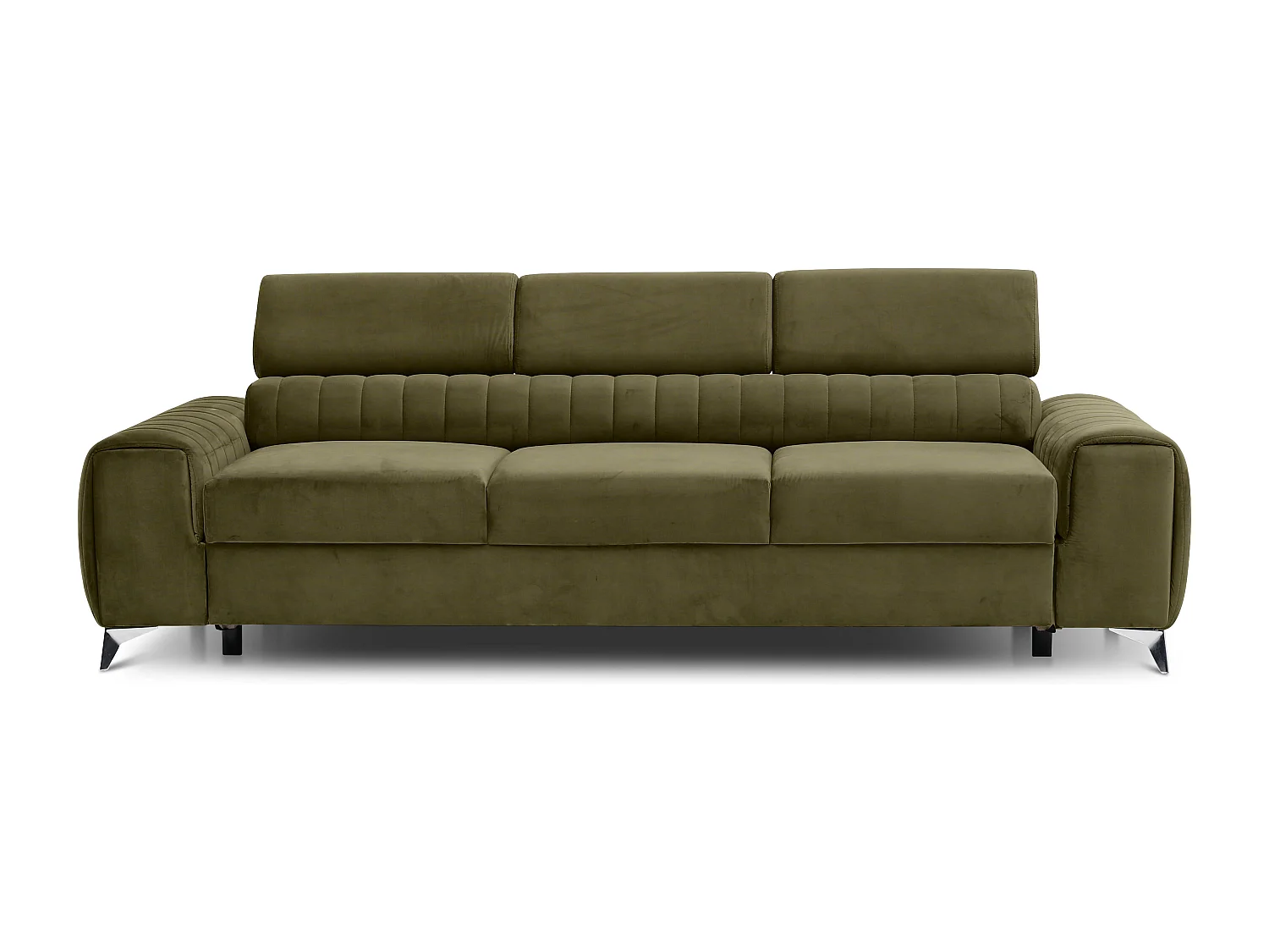 Canapé convertible velours LOZA - Appuis-tête réglables et pieds acier chromé-Vert olive