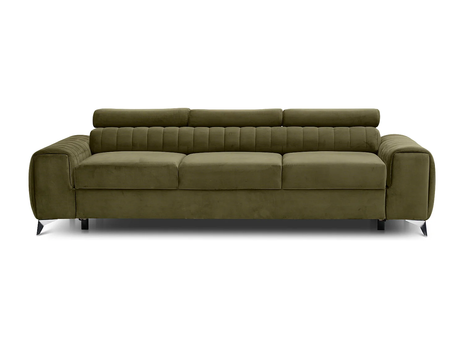 Canapé convertible velours LOZA - Appuis-tête réglables et pieds acier chromé-Vert olive