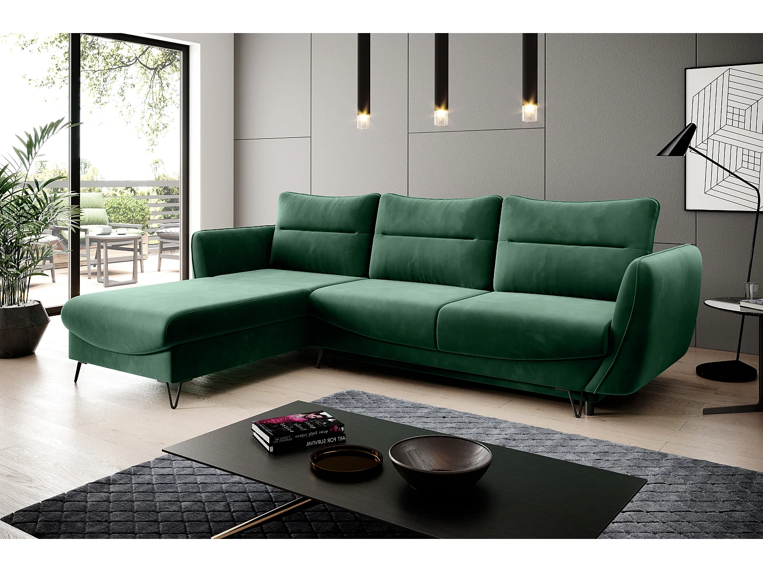 Canapé d'angle gauche convertible tissu vert foncé Zurik 276cm