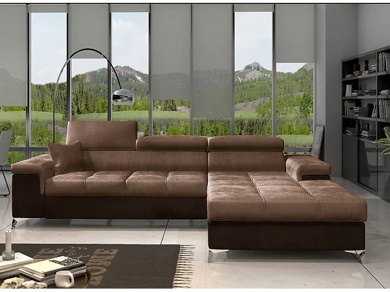 Canapé angle droit convertible velours marron clair et foncé avec appuis-tête réglables Rikaro 280cm