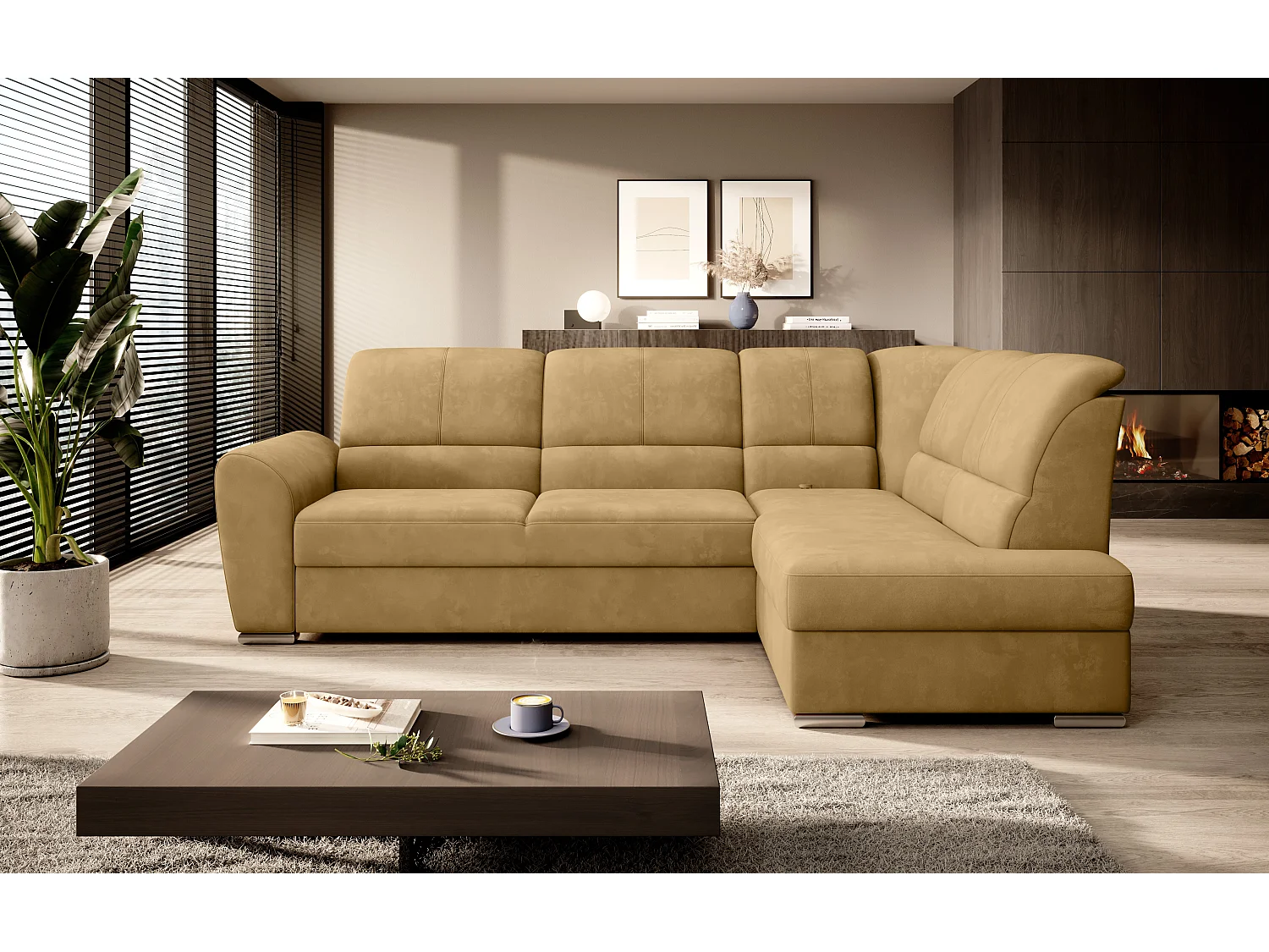 Converteerbare hoekbank rechts in zachtgele stof en chroomstalen poten Zabor 270 cm