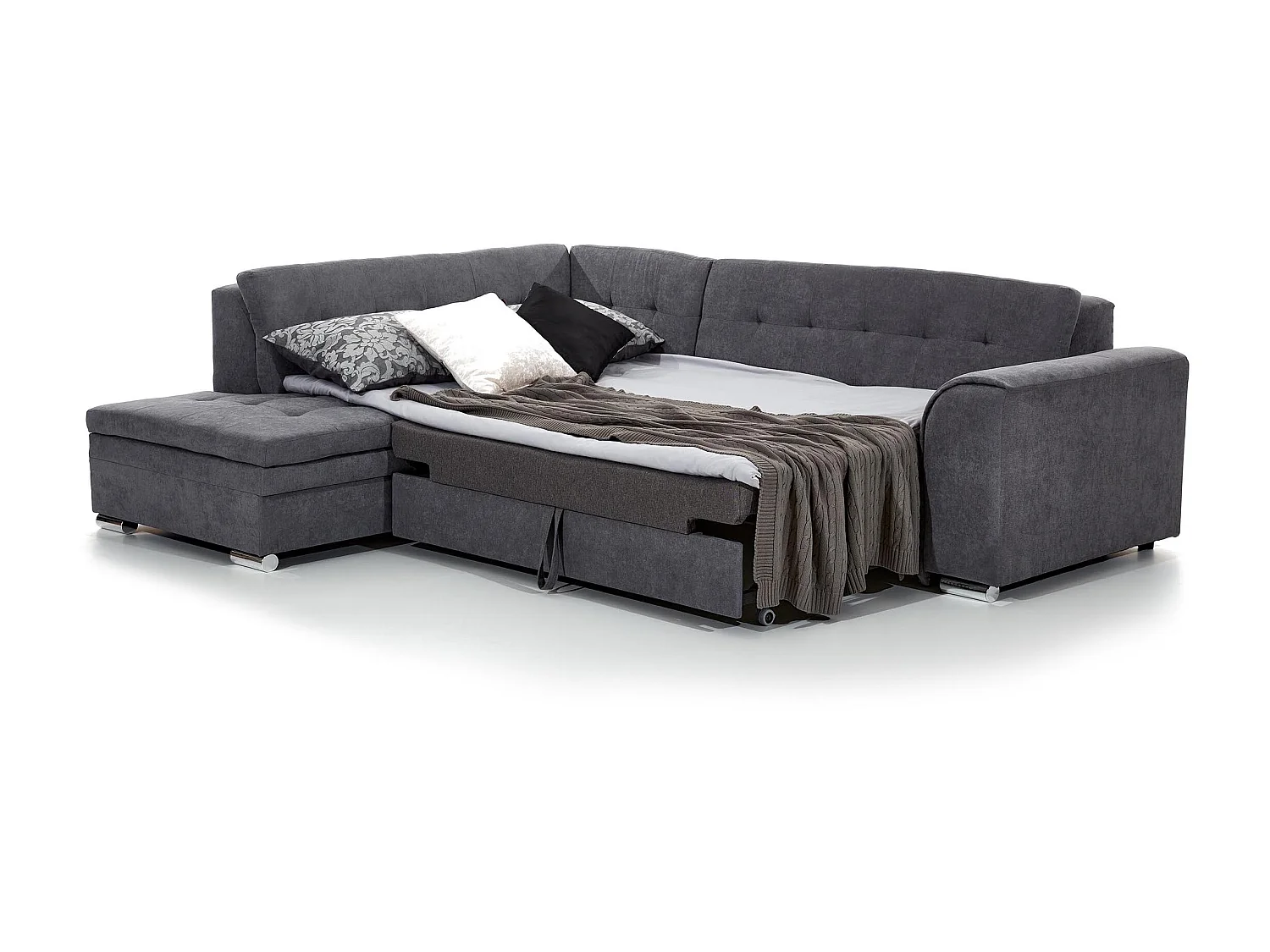 Canapé convertible angle droit velours vert épinard et chromé Pika 260cm