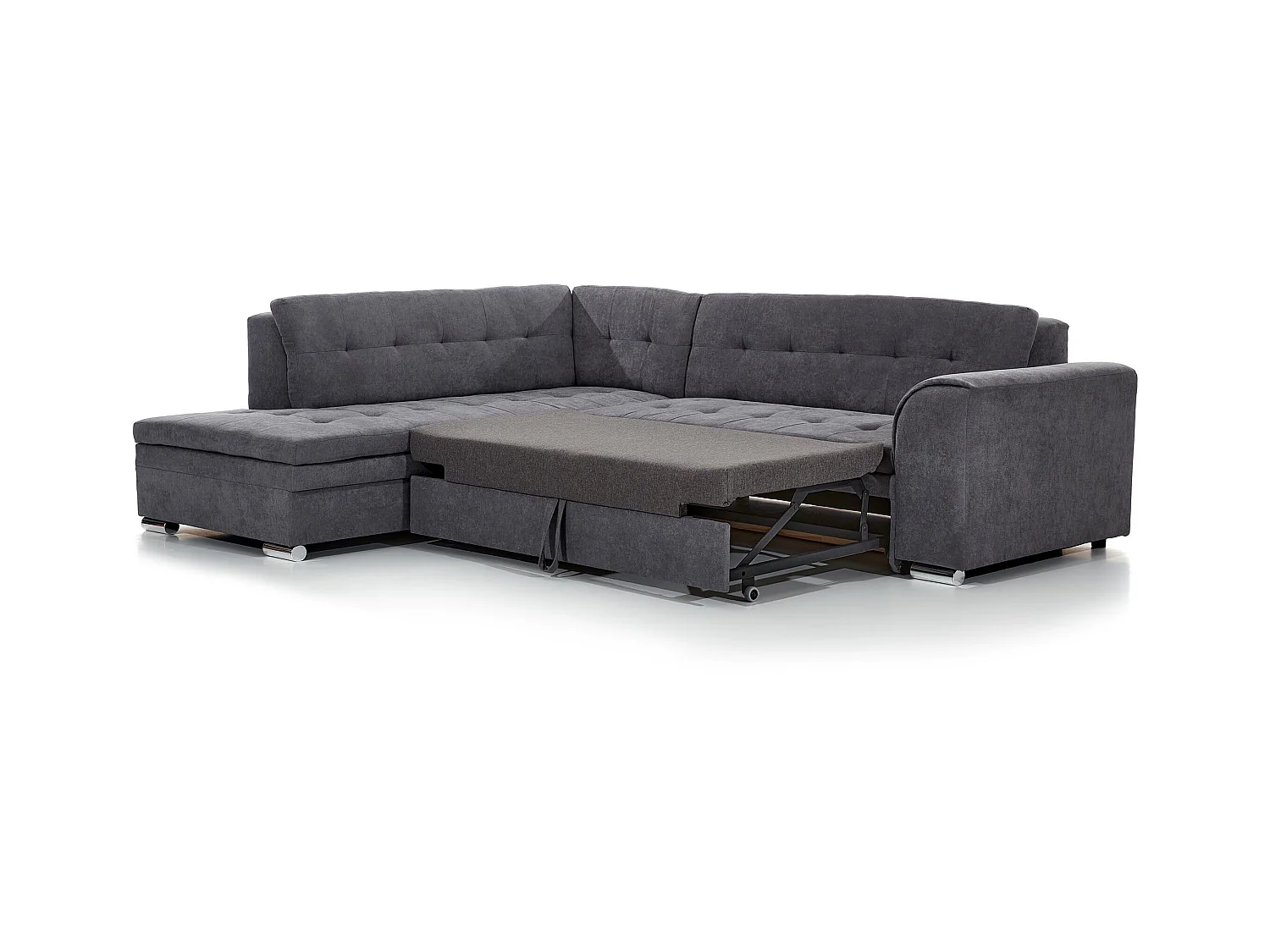 Canapé convertible angle droit velours vert épinard et chromé Pika 260cm