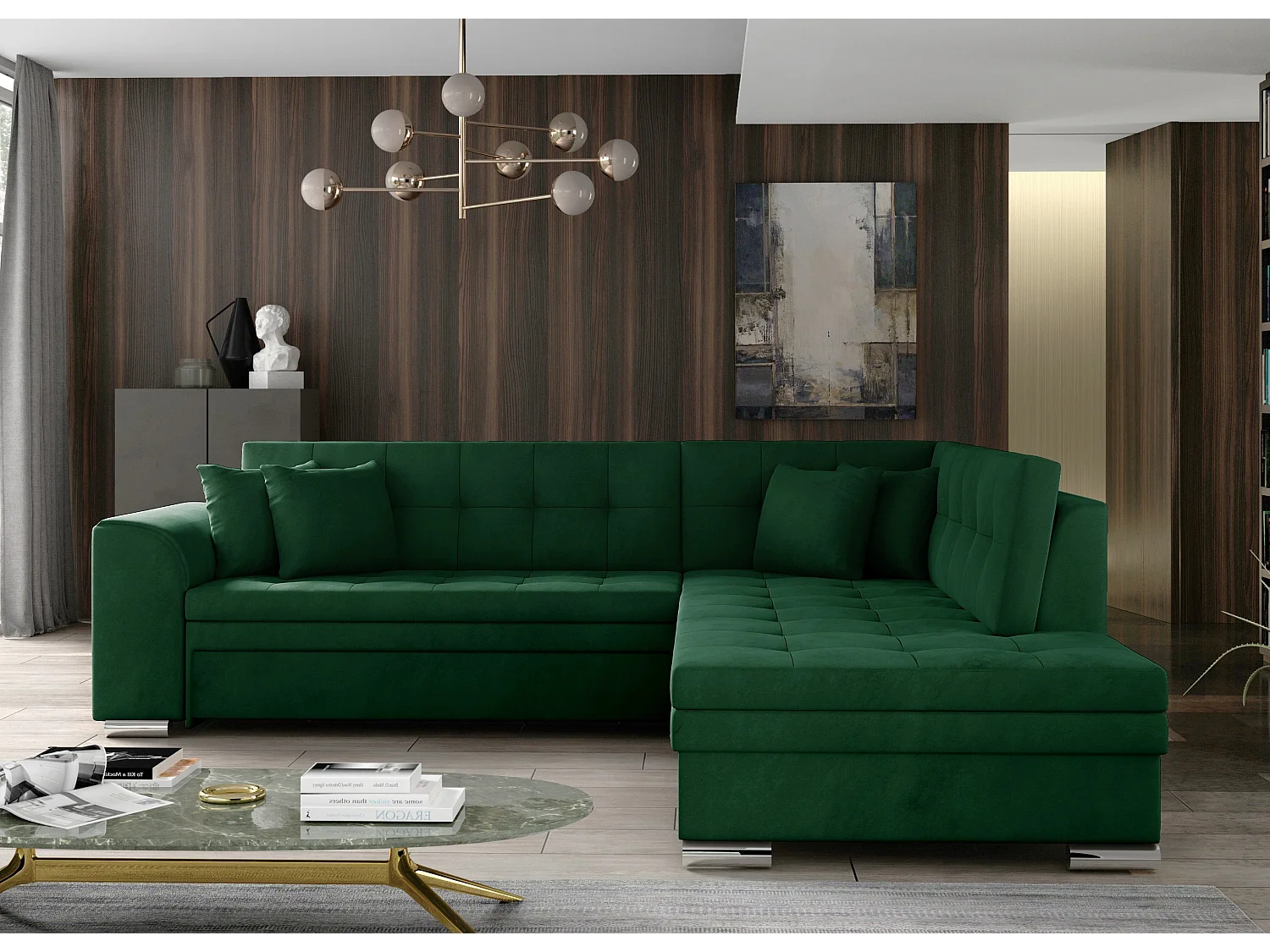 Canapé convertible angle droit velours vert épinard et chromé Pika 260cm