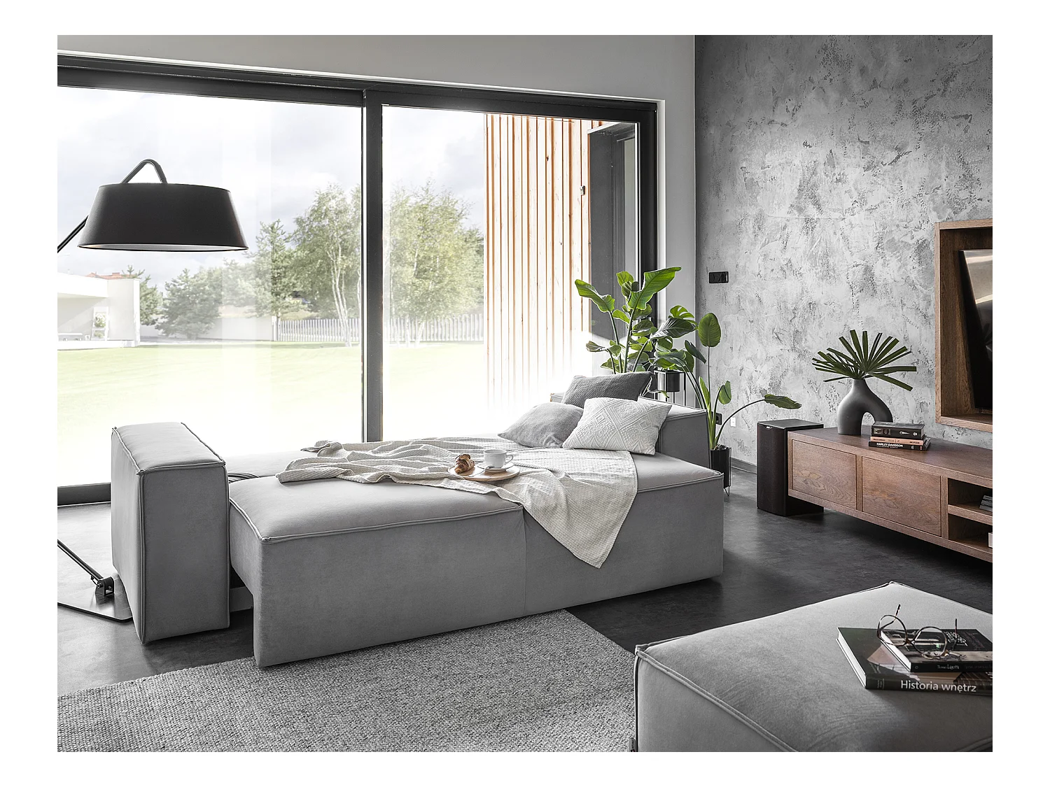 Canapé convertible 4 places tissu bleu turquin Willace 260cm