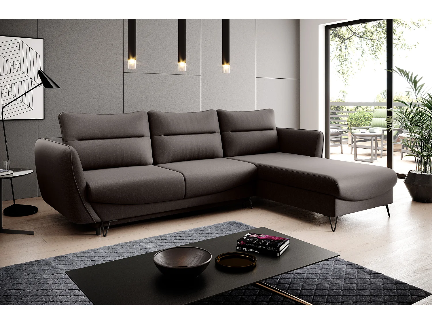 Canapé d'angle droit convertible tissu chocolat Zurik 276cm