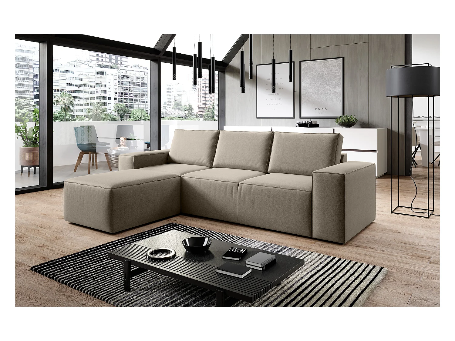 Canapé d'angle gauche convertible moderne tissu beige foncé Willace 302cm