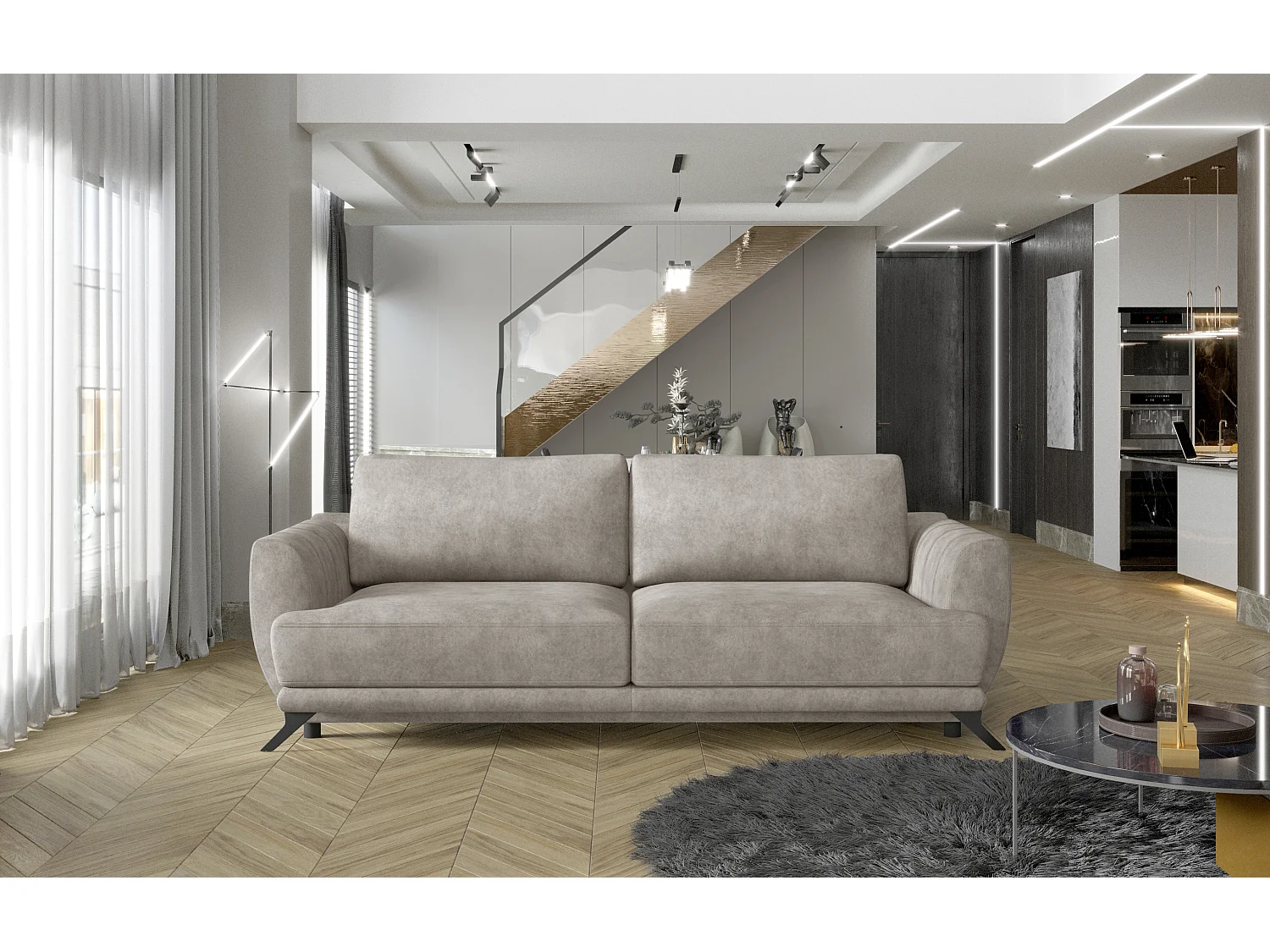 Canapé convertible 3-4 places tissu beige clair et pieds métal noir Zora 250cm