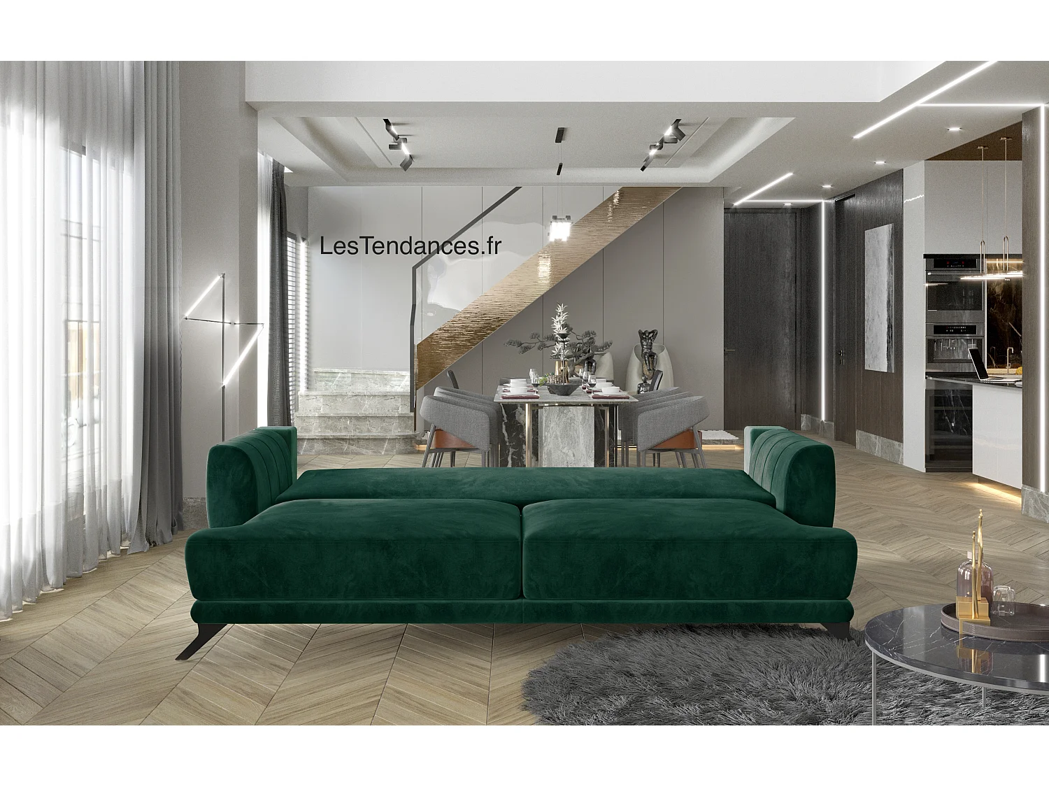 Canapé convertible 3-4 places tissu beige clair et pieds métal noir Zora 250cm