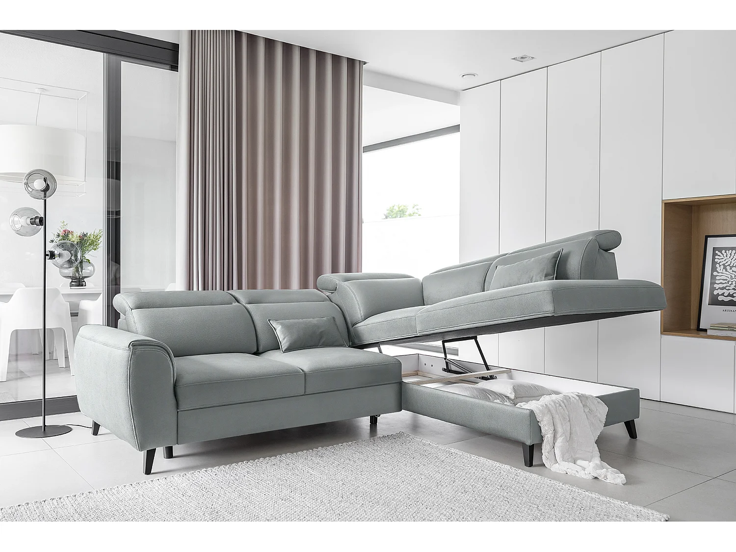 Canapé d'angle droit convertible tissu gris bleuté Noblesse 255cm