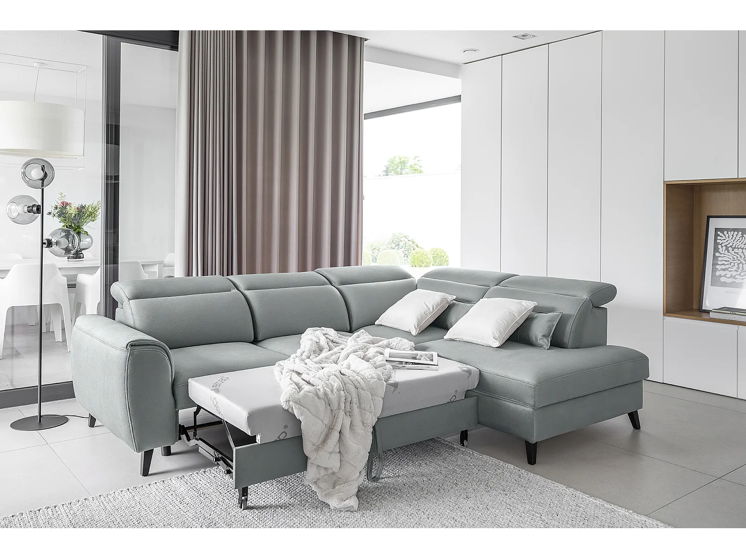 Canapé d'angle droit convertible tissu gris bleuté Noblesse 255cm